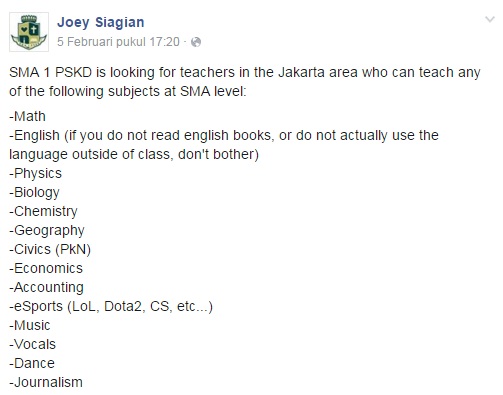 Salah Satu SMA di Indonesia Cari Gamer yang Bisa Mengajar Dota dan Counter Strike