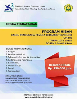 Dibuka Pendaftaran Program CPPBT (Calon Perusahaan Pemula Berbasis Teknologi) 2018 dari Kementrian